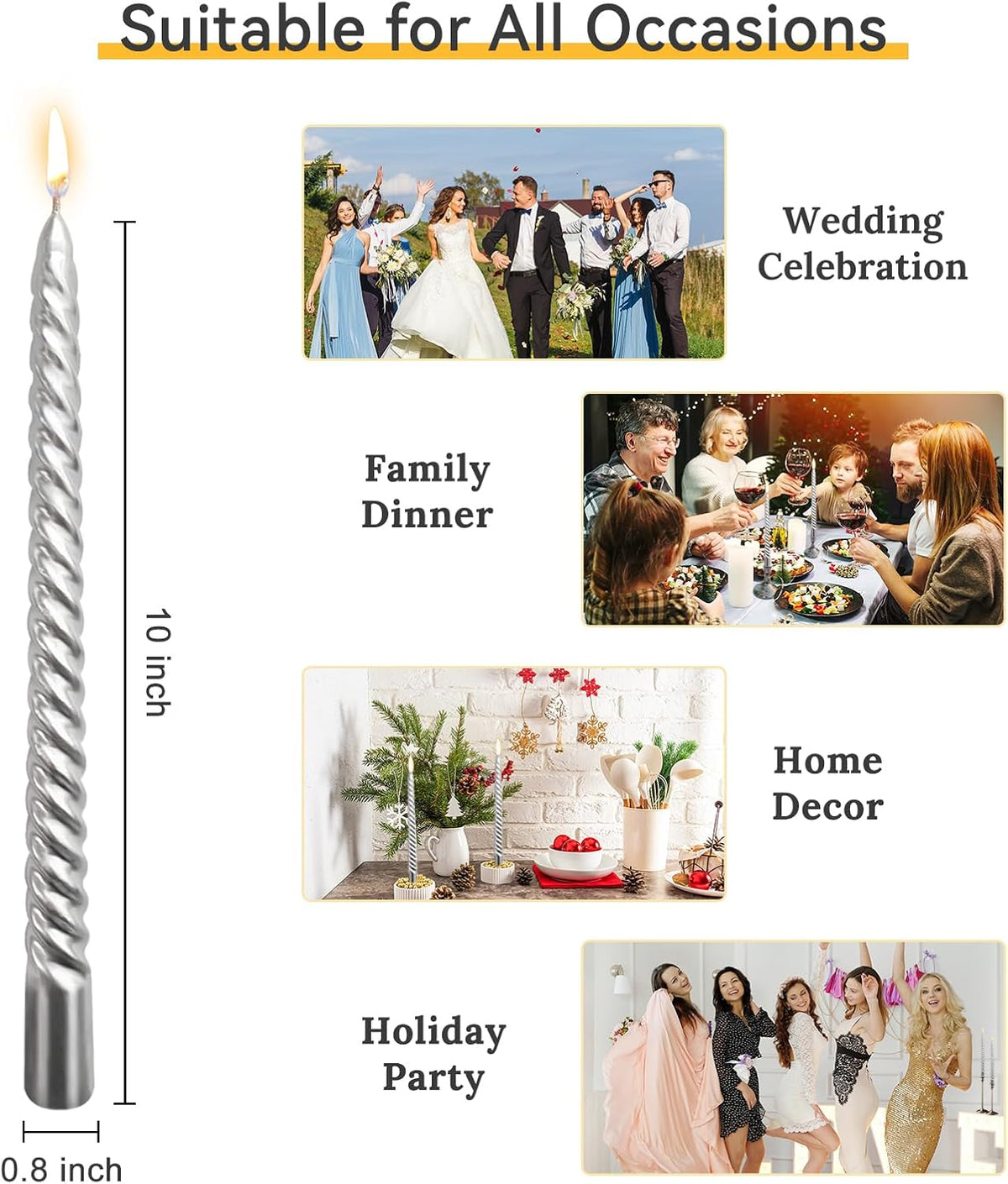 10 Inch Silver Spiral Taper Candles Set for Holiday Decor, 12 Pack Unscented Twisted Candlesticks, Dripelss Thin Tapered Candles for Wedding Dinner Parties Galas Award Ceremonies Religious