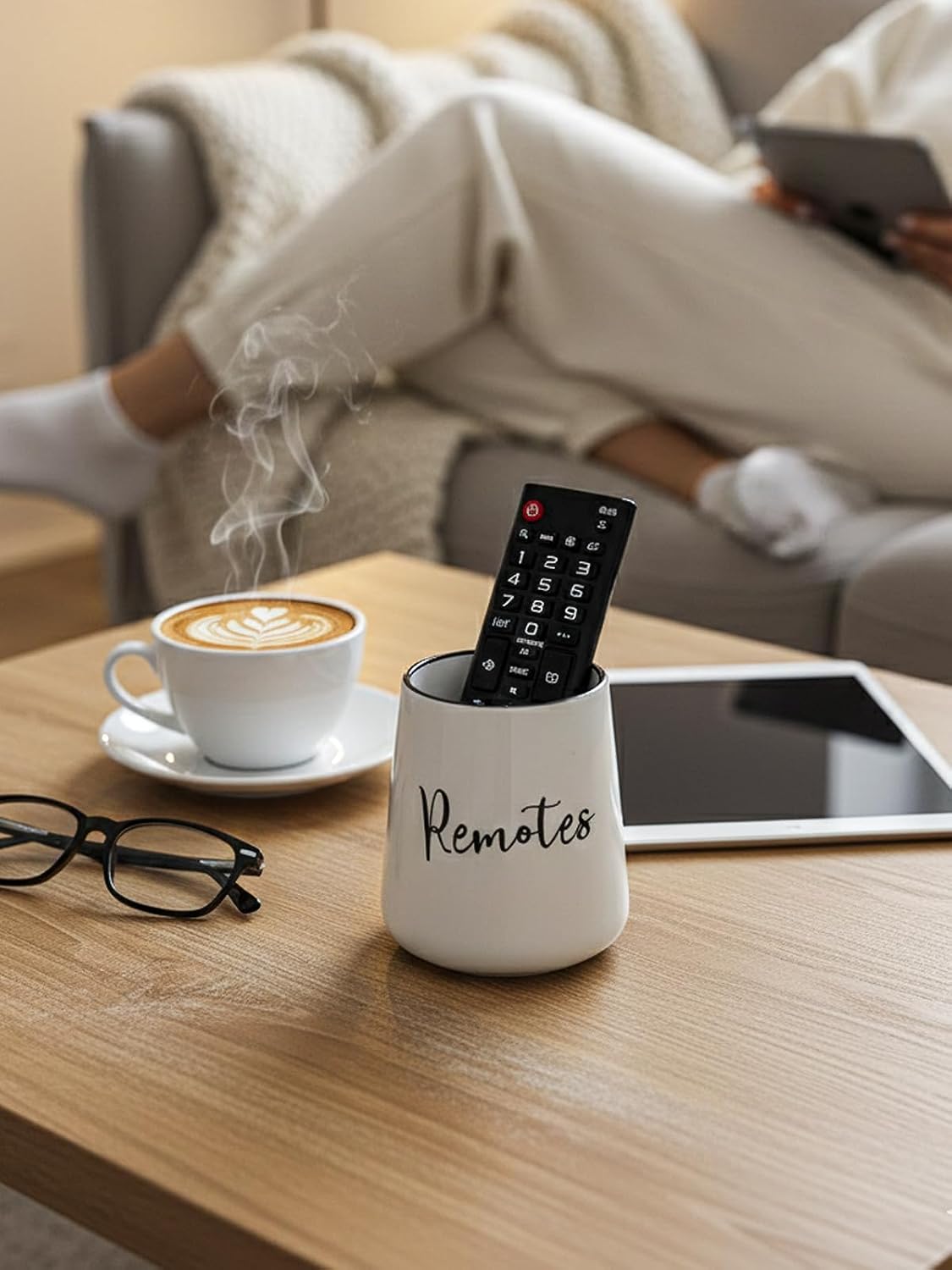 LEETOYI Ceramic Remote Control Holder, 4.1" Remote Caddy Storage (White)