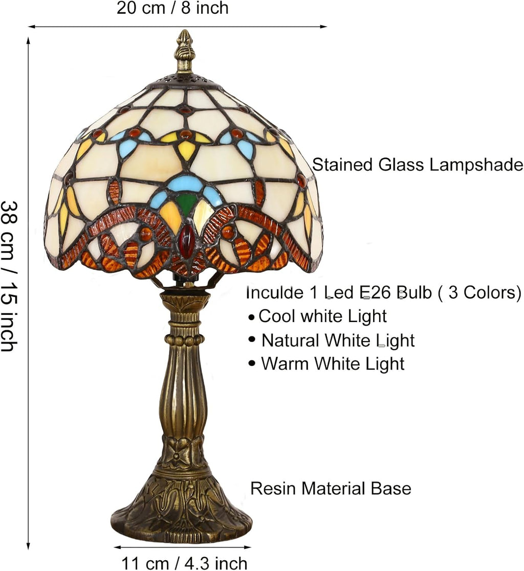 Tiffany Style Table Lamp, Baroque Style Stained Glass Lamp, 8 Inch Small Antique Lamp, for Bedside Nightstand Bedroom Living Room Home Office, Include LED Bulb