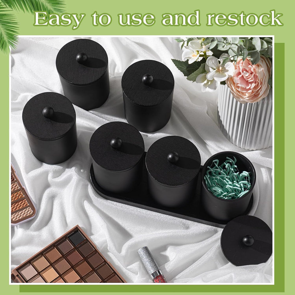 Chengu 6 Pack Cotton Swab Holder with Bamboo Lids and Trays and Labels Glass Round Swab Dispenser Cotton Ball Holder Glass Apothecary Jars Floss Pick Containers Bathroom Organizers(Black)