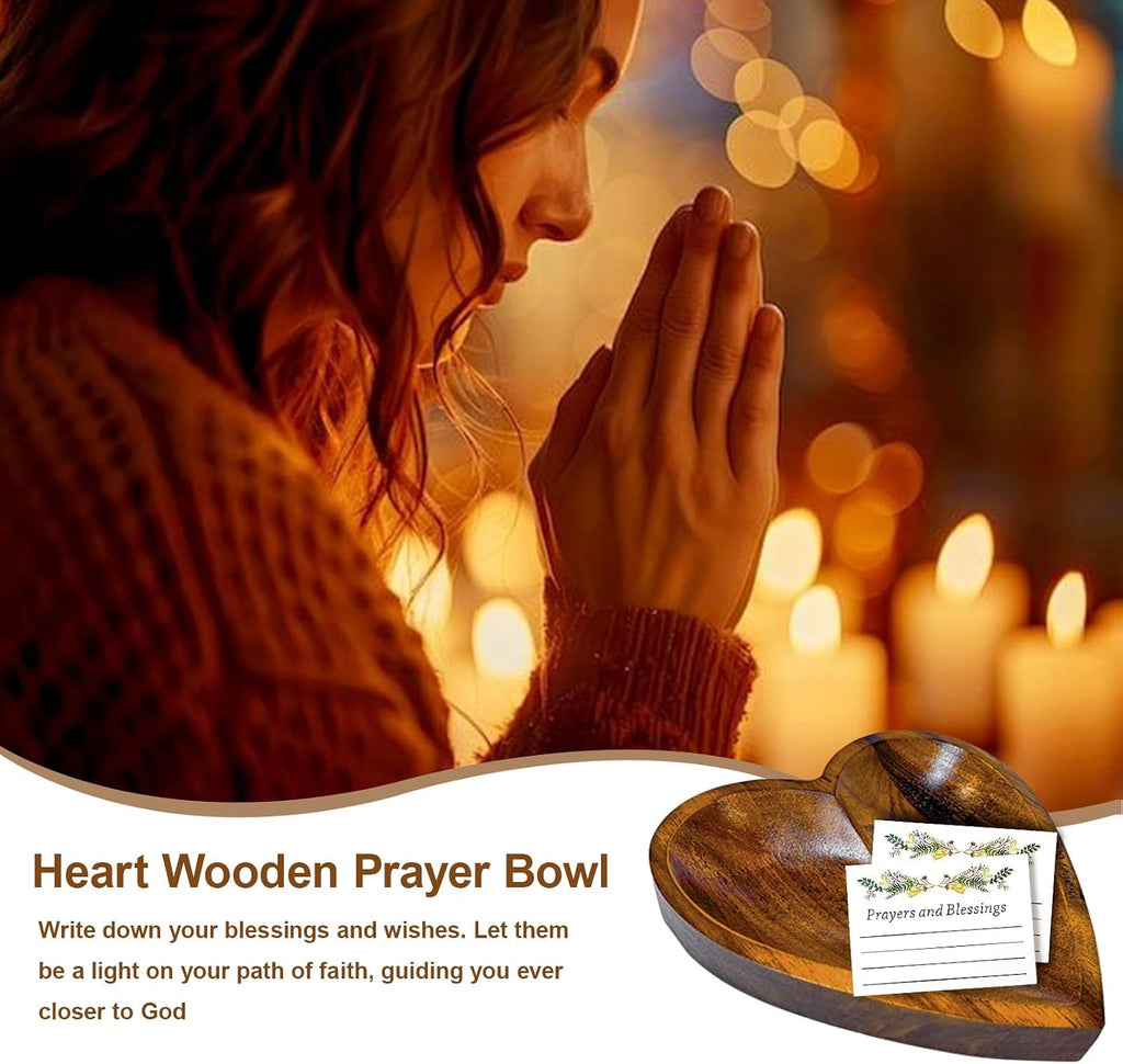 Wooden Prayer Bowl with 24 Cards, Heart Shaped Prayer Bowl