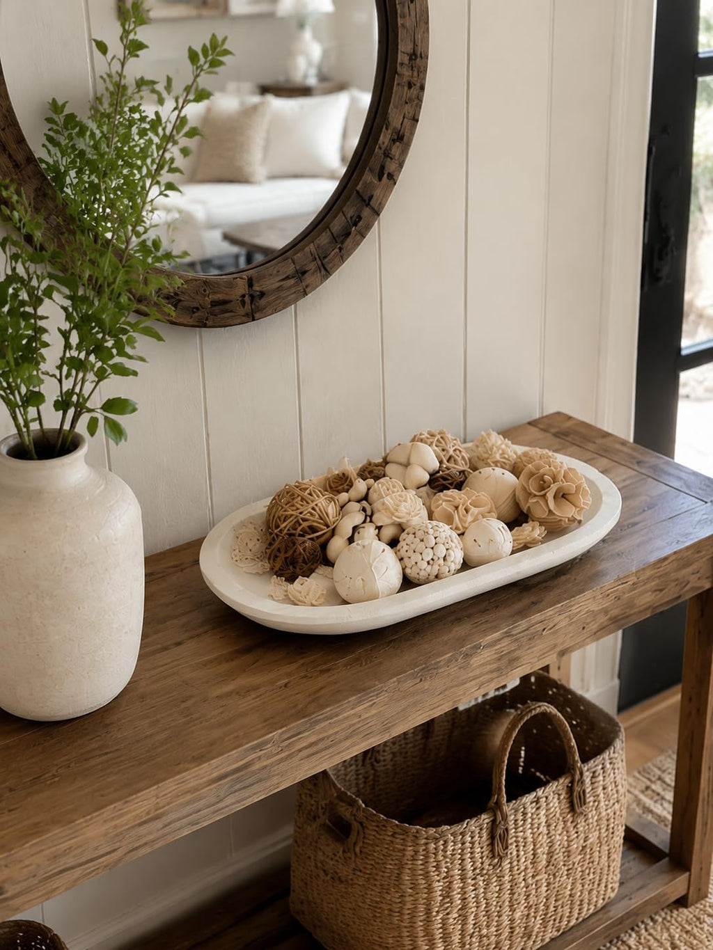 Hanobe Wooden Decorative Key Bowl for Coffee Table Decor, Rustic White