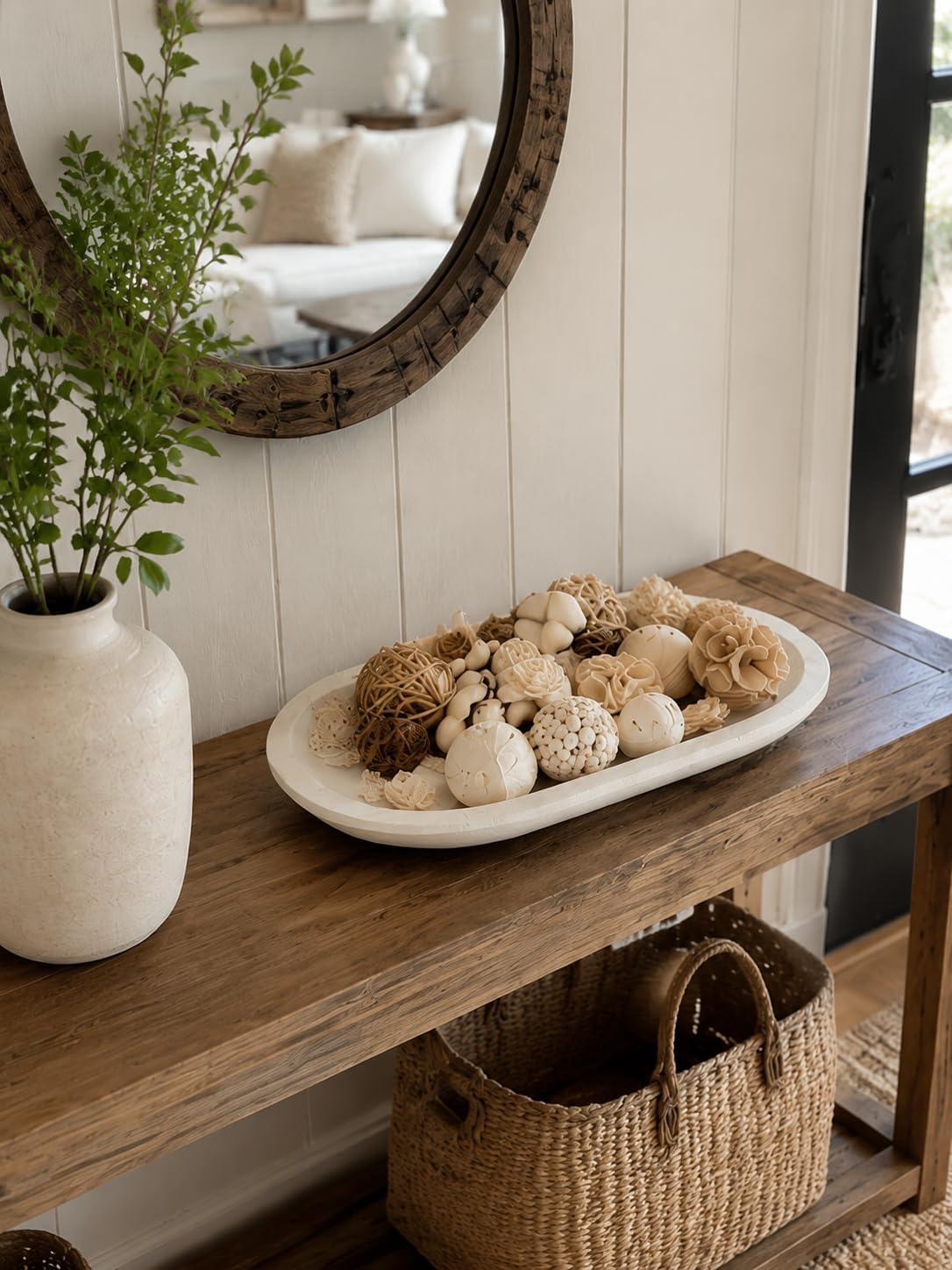 Hanobe Wooden Decorative Key Bowl for Coffee Table Decor, Rustic White