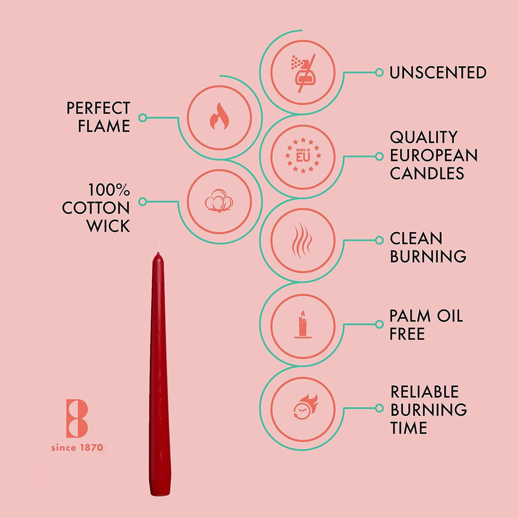BOLSIUS Dark Red Taper Candles - 4 Pack Unscented 10 Inch Dinner Candle Set - 8 Hours Burn Time - Premium European Quality - Smokeless and Dripless Household Wedding, Spa, and Home Decor Candlesticks