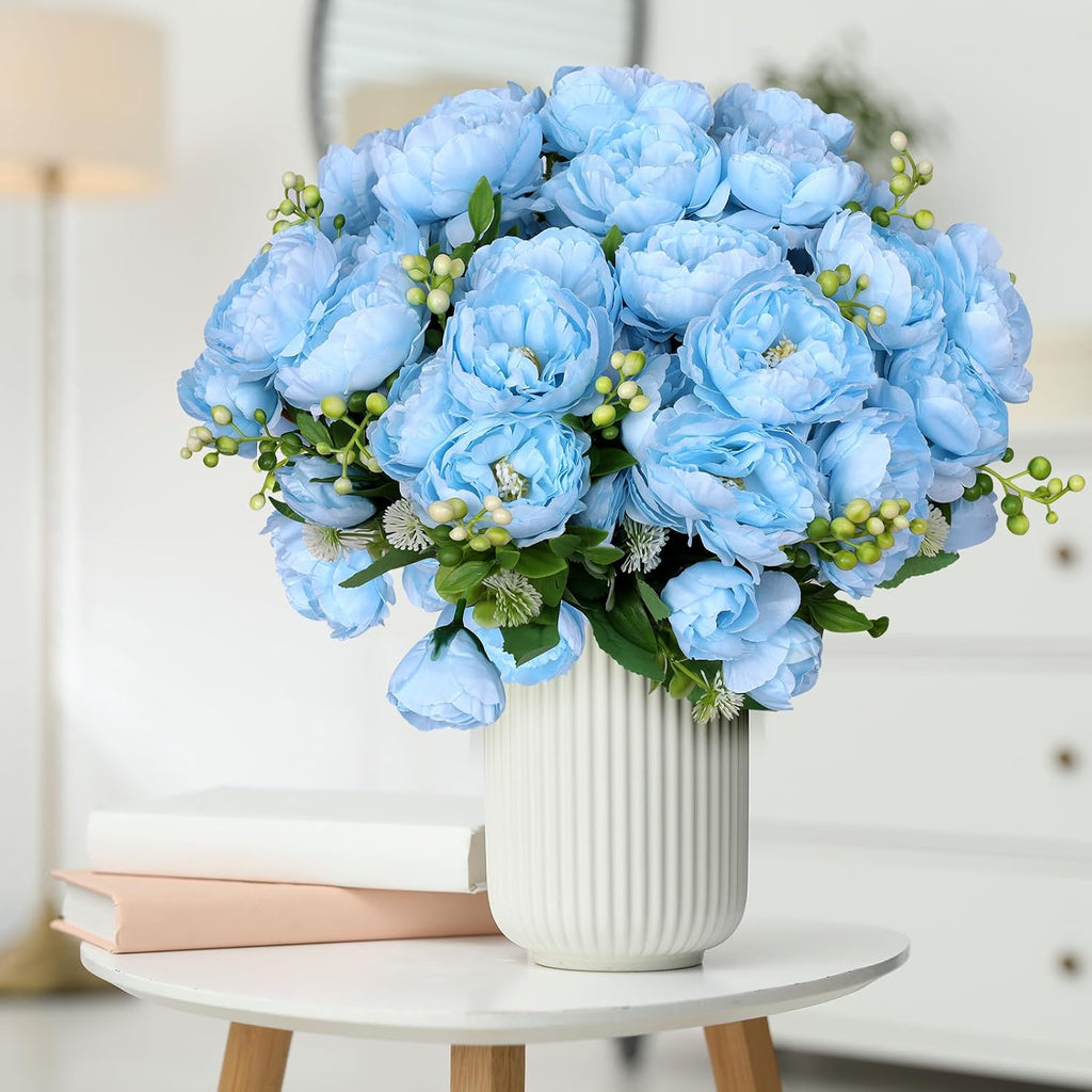 8 Bundles Peonies Artificial Flowers Blue Fake Silk Peonies Bouquet Faux Peonies Flowers Bulk for Home Decoration Vase Florals Arrangements Wedding Party Table Centerpiece