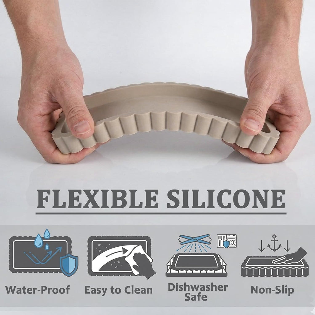 Silicone Bathroom Vanity Tray, Sink Caddy for Dish Soap Dispenser, Sponge Holder for Kitchen Sink, Rectangle Bathroom Countertop Organizer for Perfume, Jewelry, Candle (9.9” * 6”, Khaki)