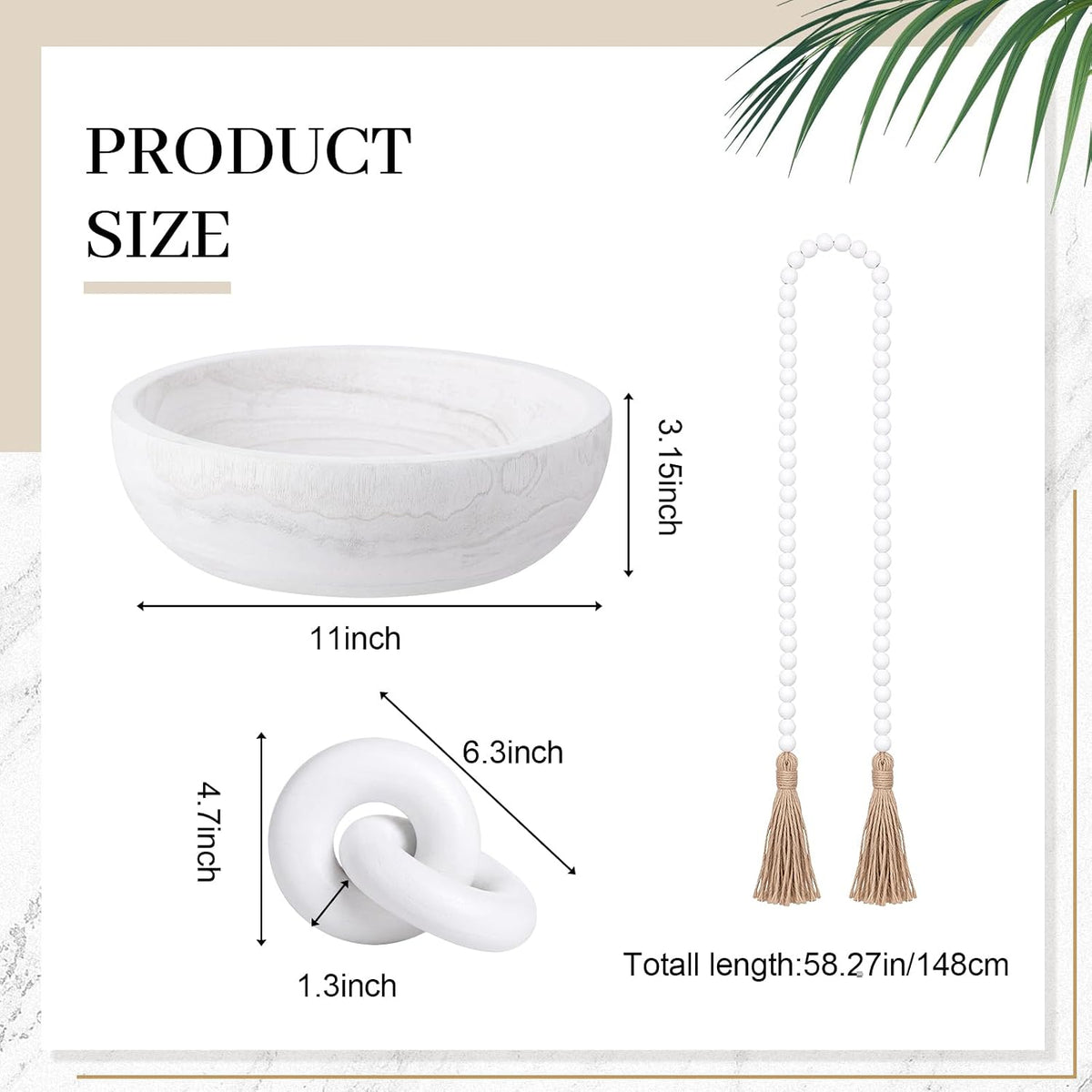 Novabright Farmhouse Wooden Decorative Bowl Set with Chain Beads, White