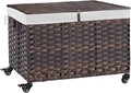 Rolling Storage Basket with Lid, 47.6 Gallon (180L) Storage Bin with Wheels, Woven Rattan Blanket Storage Basket with Handles, Foldable, Metal Frame, Removable Liner for Bedroom, Laundry Room, Brown