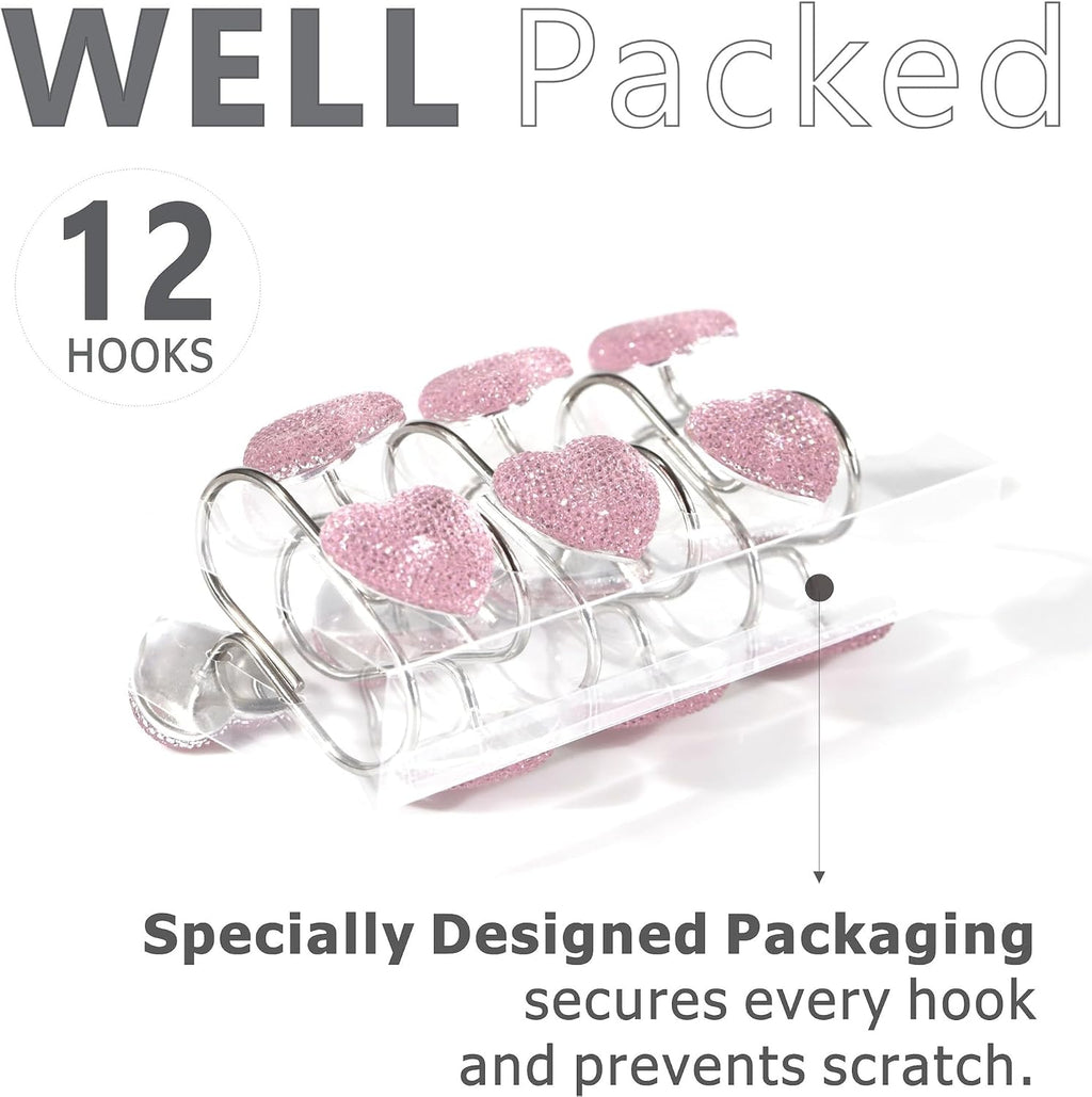 Pink Bling Shower Curtain Hooks: Cute Heart Bathroom Curtain Rings, 12Pcs