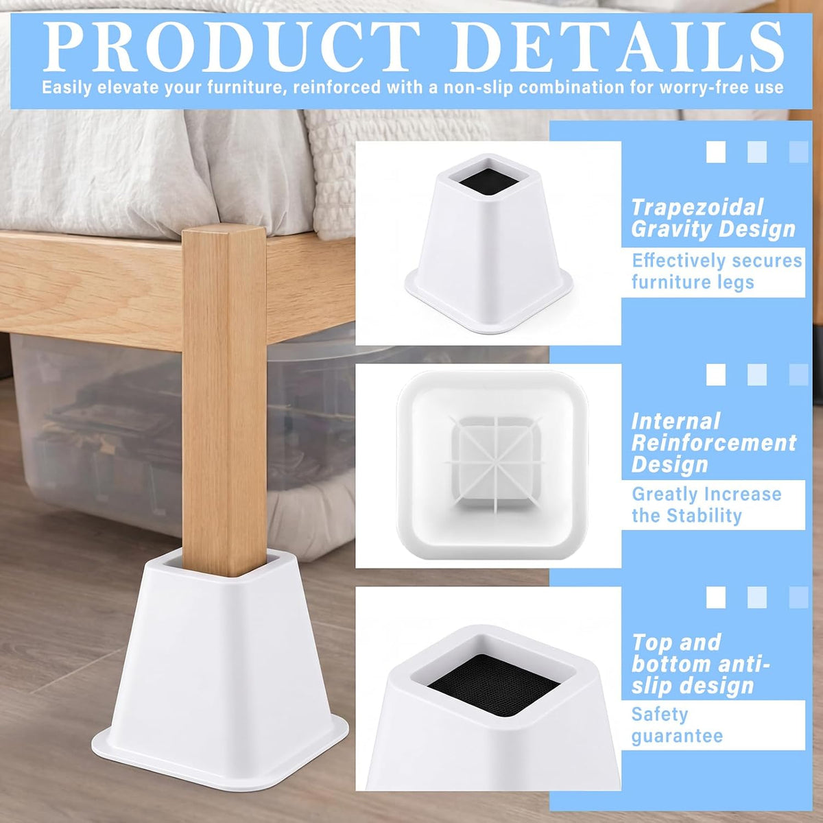 Novabright 6 Inch 4 Pack College Dorm Bed Risers,White
