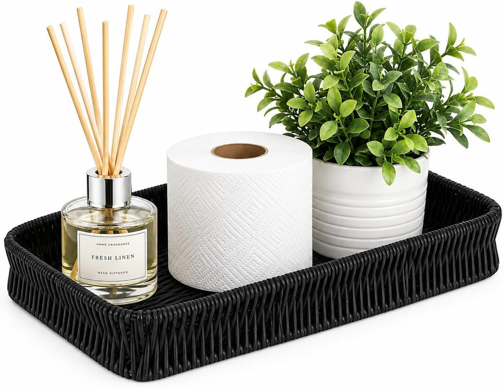 Toilet Paper Basket Organizer, 11” Inch Metal Woven Toilet Tank Basket for Back of Toilet, Bathroom Countertop Storage Tray with Non-Slip Feet for Toilet Paper, Wipes, Toiletries & Essentials, Black
