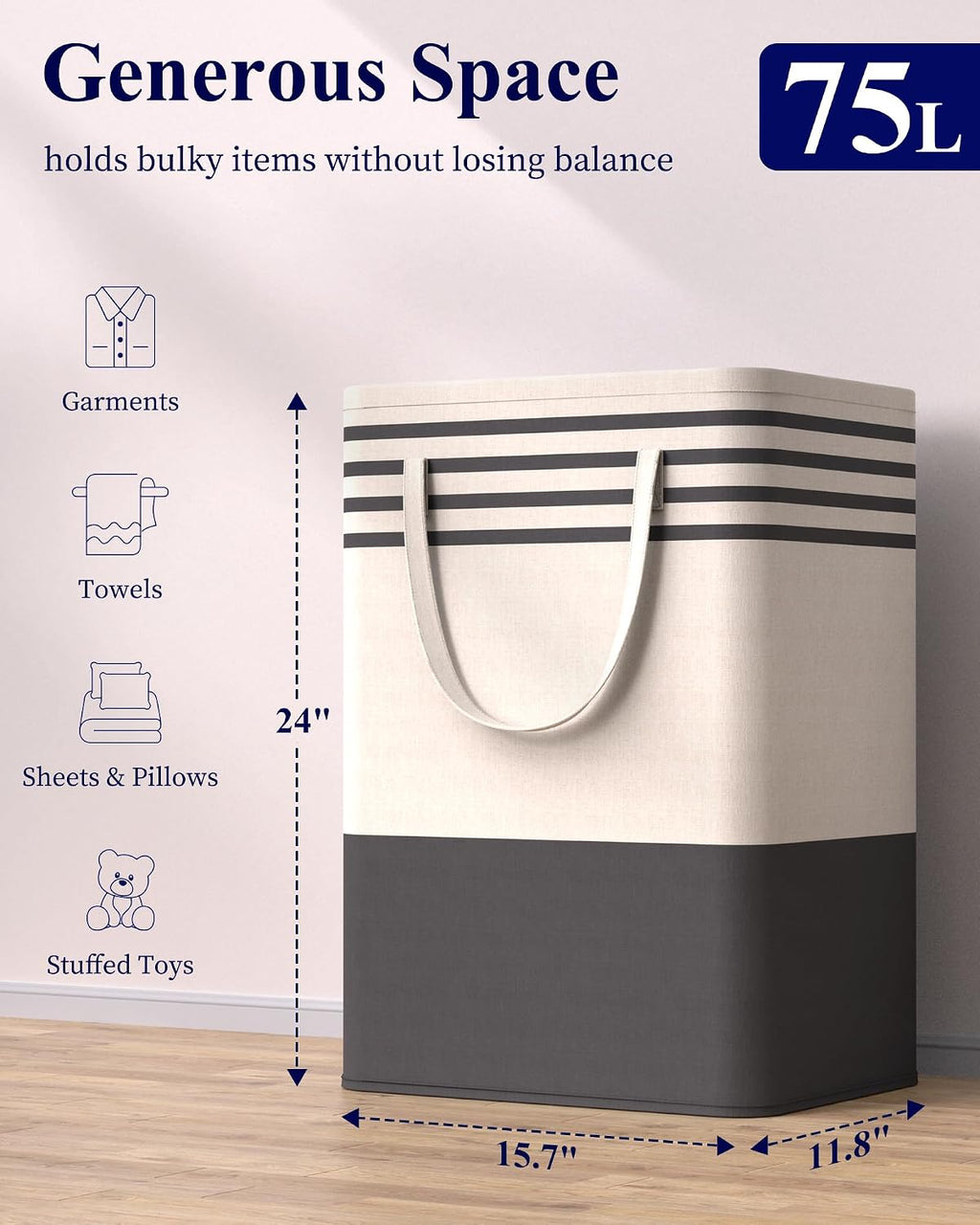 Kitsure Laundry Hamper - 2-Pack Collapsible Laundry Baskets with Well-Stitched Handles, Free-Standing Clothes Hamper with Rigid Top Edge for Household, Dorm Use, 2 x 75L, Black