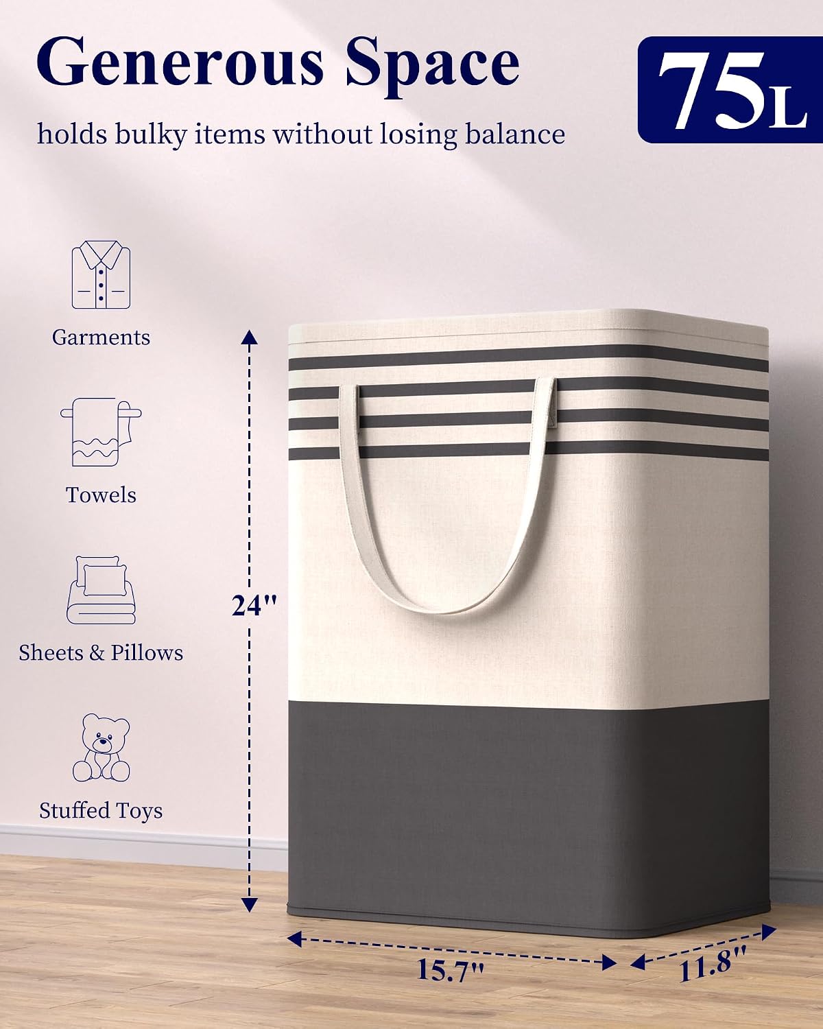 Kitsure Laundry Hamper - 2-Pack Collapsible Laundry Baskets with Well-Stitched Handles, Free-Standing Clothes Hamper with Rigid Top Edge for Household, Dorm Use, 2 x 75L, Black
