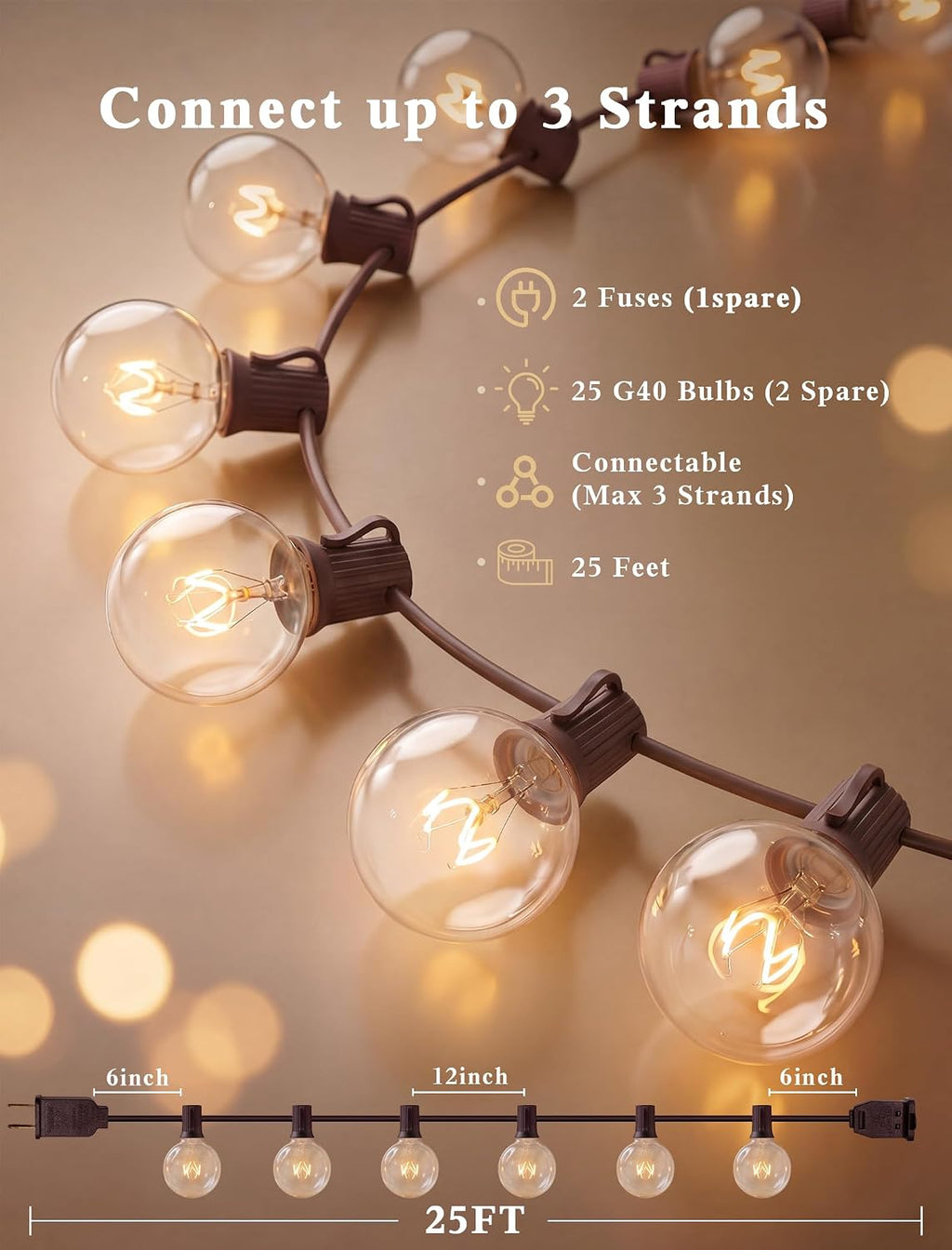 Abeja 25Ft Outdoor Patio String Lights with 27 Clear G40 Bulbs, UL Listed for Porch Bars Deck Wedding Party Markets Decor, 5W, E12 Socket Base, Brown