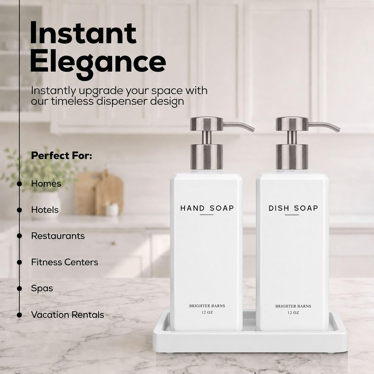 White Glass Hand and Dish Soap Dispenser Set by Brighter Barns - 12oz Kitchen Soap Dispenser Set with Pump & Tray for Hotel, Vacation Rental, Home - Modern Kitchen Decor & Accessories (White/Silver)