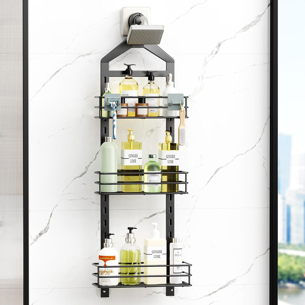 Orimade Adjustable Anti-slip Shower Caddy over Head, Rustproof Bathroom Hanging Organizer with 2 Hooks for Razor, No Drilling Shower Shelves Storage Rack 3 Tier, Black