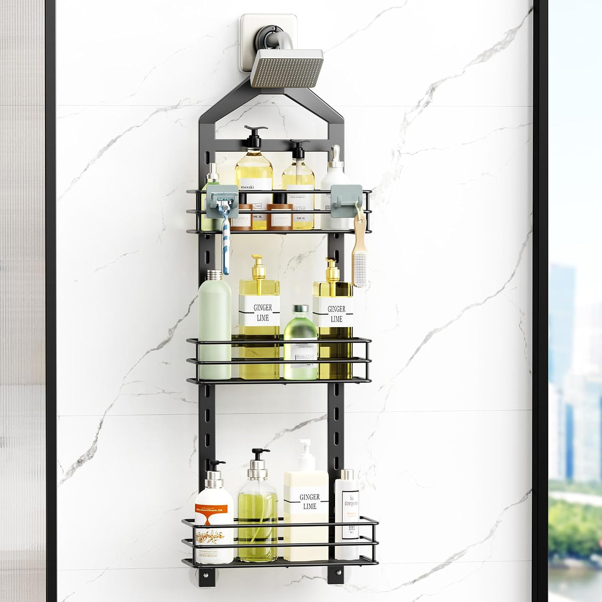 Orimade Adjustable Anti-slip Shower Caddy over Head, Rustproof Bathroom Hanging Organizer with 2 Hooks for Razor, No Drilling Shower Shelves Storage Rack 3 Tier, Black