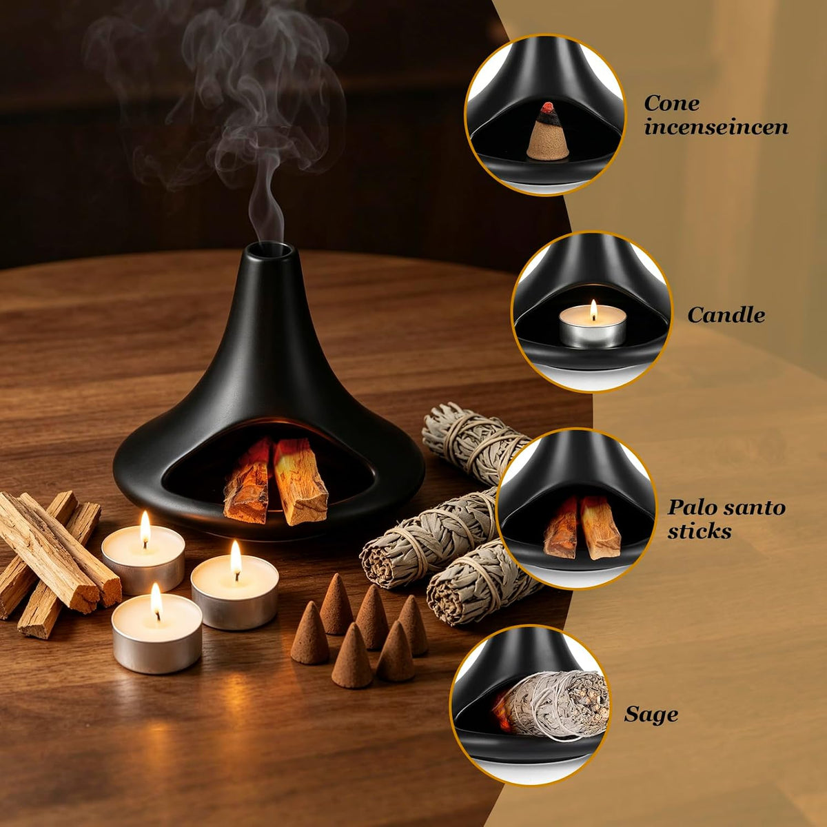 Ceramic Palo Santo Holder Matte Black, Chiminea Shape Mini Smudge Bowl Burner with Ash Catcher for Incense Cones & Candles, Palo Santo Sticks, for Meditation, Yoga, Cleansing Ceremony, Handmade
