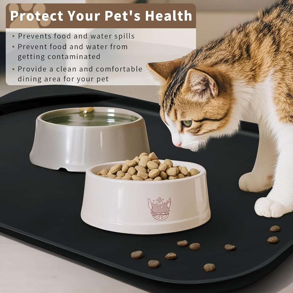 Smilool Silicone Pet Food Mat with Raised Edge for Food and Water Bowl, Dog Feeding Mats, Cat Food Trays for Floor Waterproof, Rubber Tray for Dogs and Cats, 19 x 12 x 0.7 Black