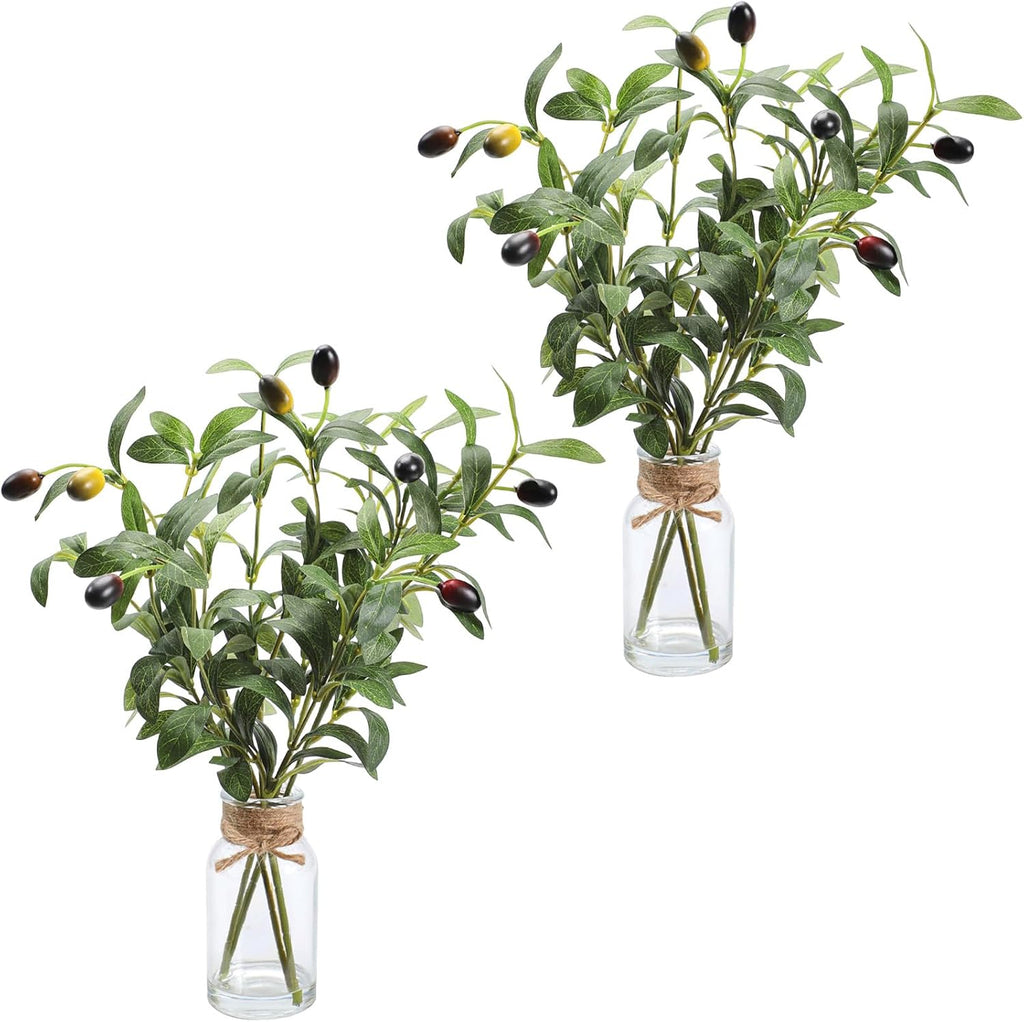Artificial Olive Branch in Glass Vase with Faux Water, Fake Olive Plant for Home Decor, Kitchen Bathroom Office Coffee Table Centerpiece, Farmhouse Wedding Room Wall Decor(2Pack)