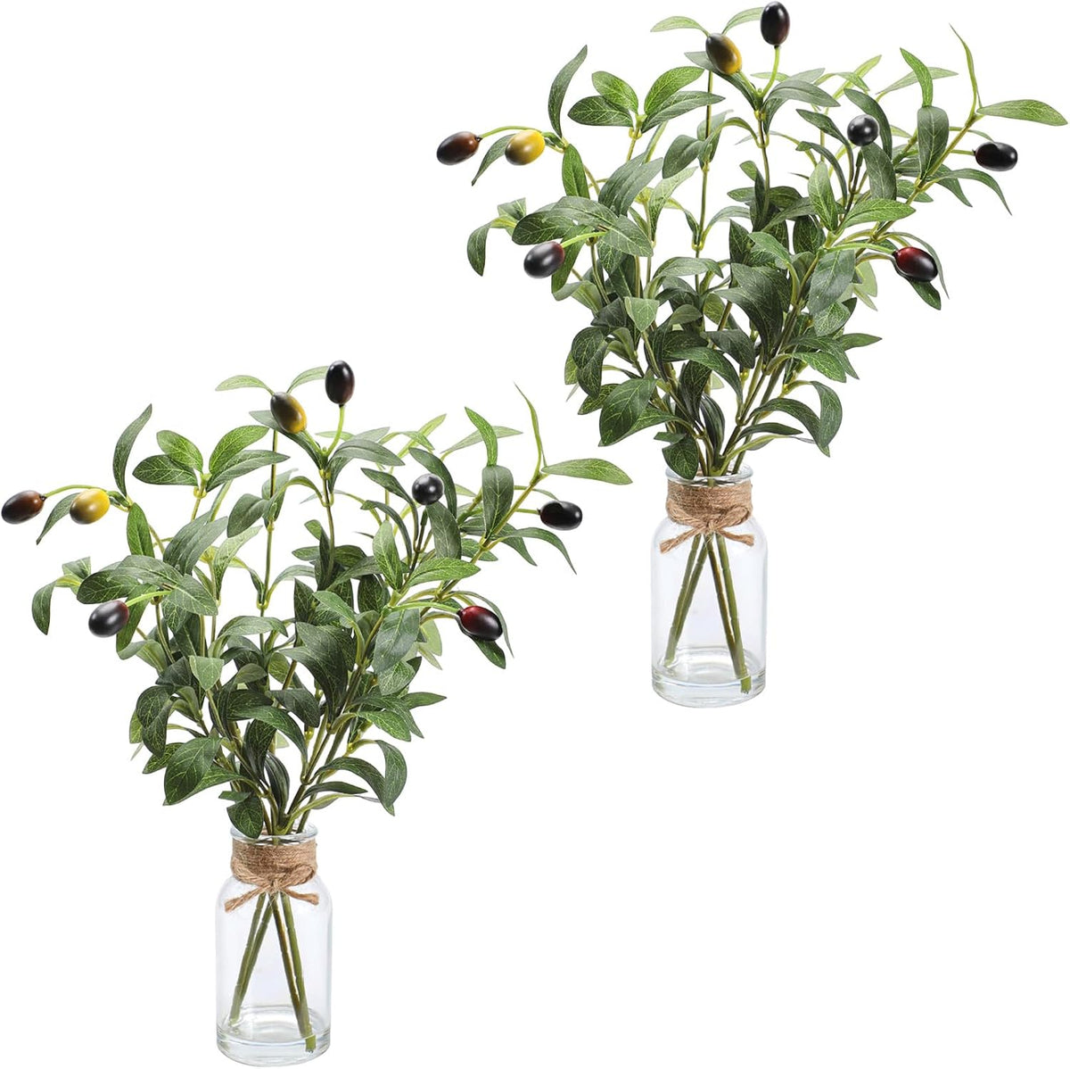 Artificial Olive Branch in Glass Vase with Faux Water, Fake Olive Plant for Home Decor, Kitchen Bathroom Office Coffee Table Centerpiece, Farmhouse Wedding Room Wall Decor(2Pack)
