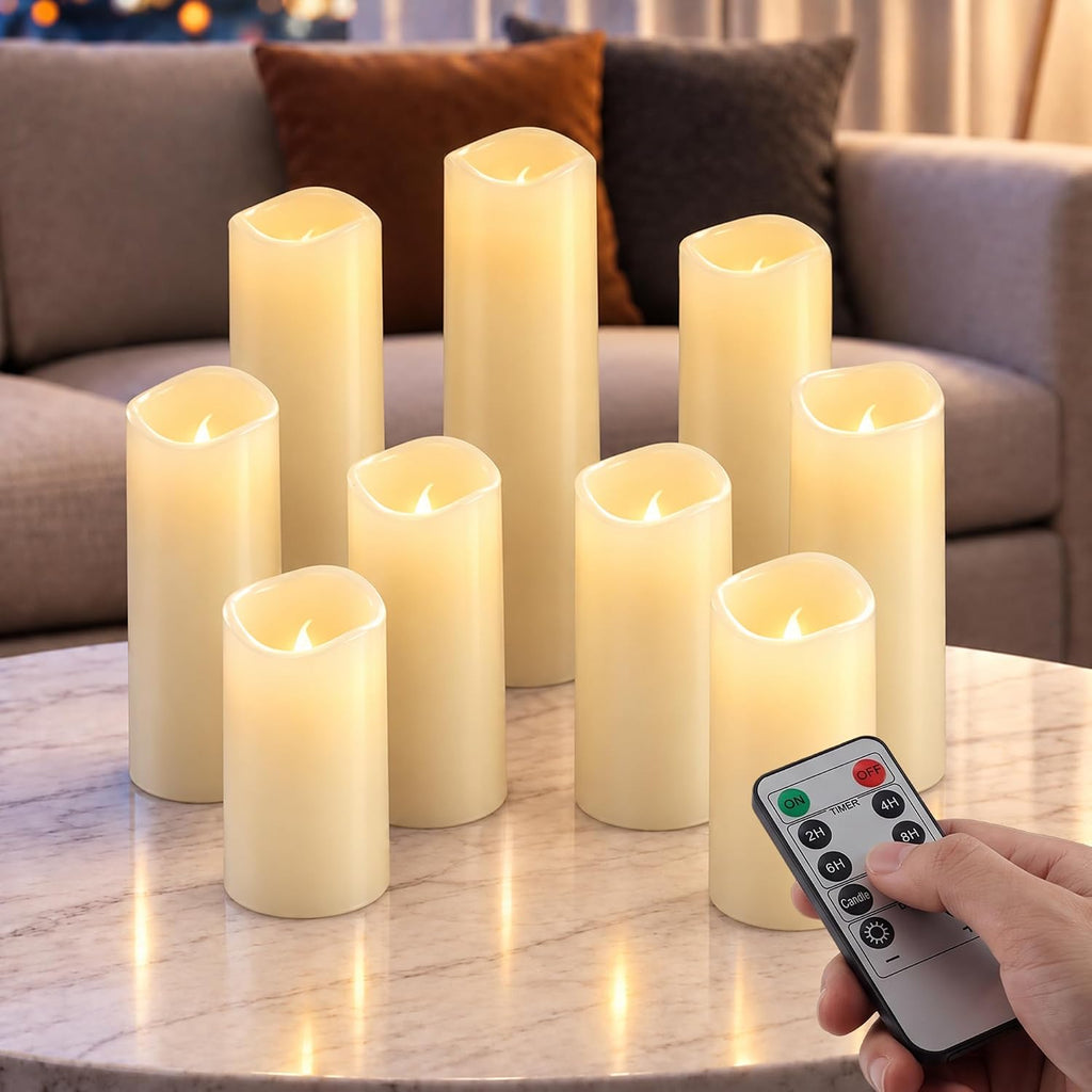 Goodluck Real Paraffin Wax Flameless Pillar Candles, Set of 9 - Ivory