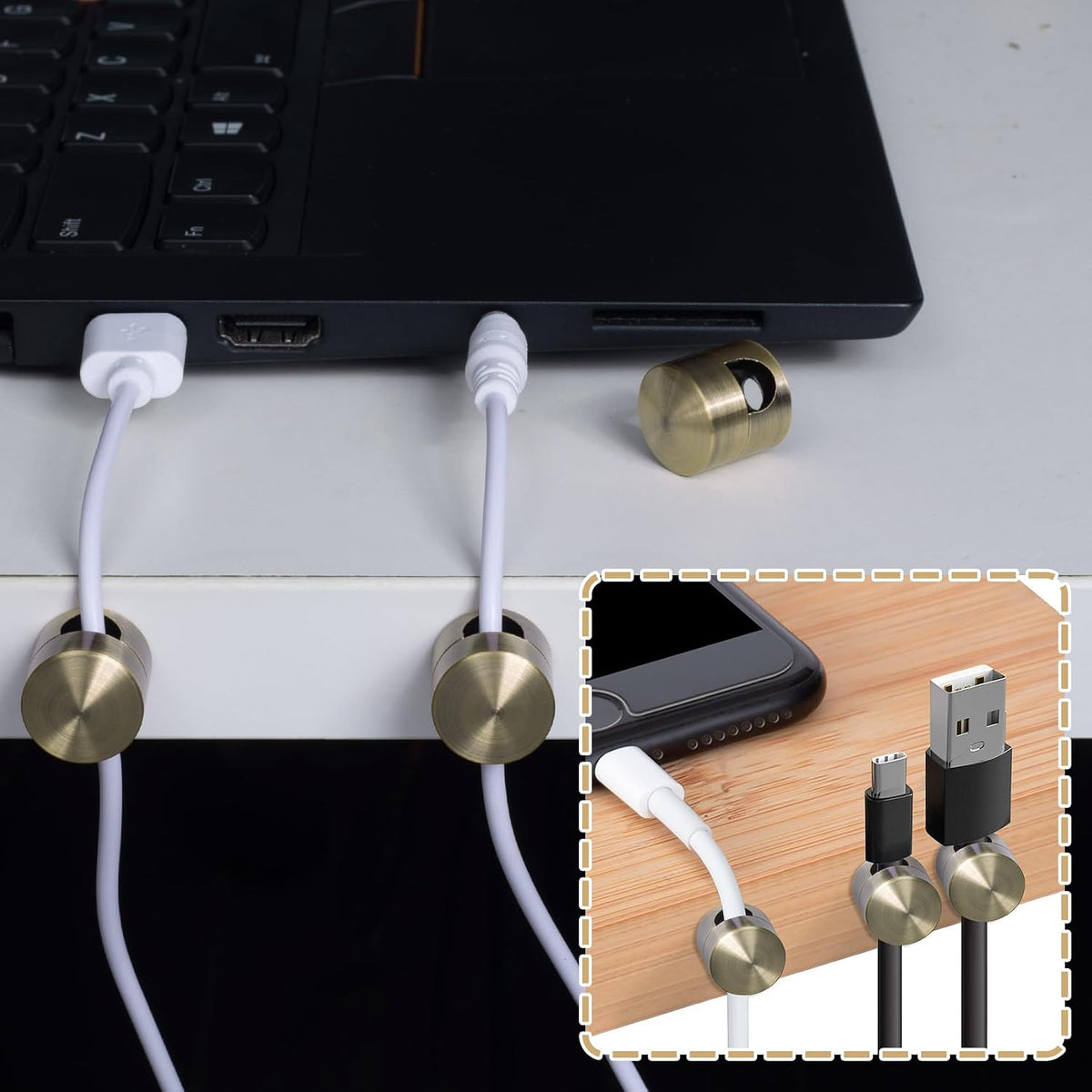 HINZIC 3Pack Cable Anchors for Desk, Metal Phone Cord Holder, Adhesive Wall Cord Clips, Copper Adjustable Wire Organizer Charger Management for Nightstand Office Home Desktop