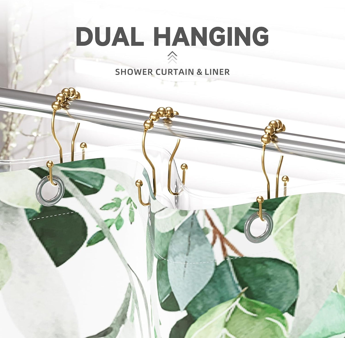 Bathway Shower Curtain Hooks, Shower Curtain Rings Rust Proof Double Hook Shower Curtain Hooks, 12 Pcs Bright Gold Shower Hooks for Shower Curtain, Shower Rings for Curtain, Metal Shower Rod Hooks