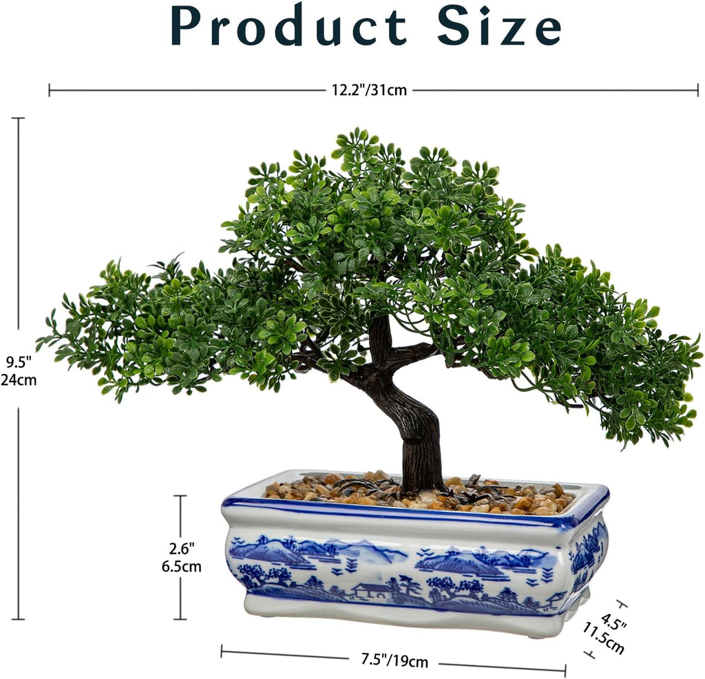 Artificial Bonsai Tree with Blue and White Porcelain Pot, Fake Pine Bonsai for Home Office Desk Decor, Oriental Zen Tabletop Decoration, Faux Bonsai Plant for Living Room, Shelf & Gift