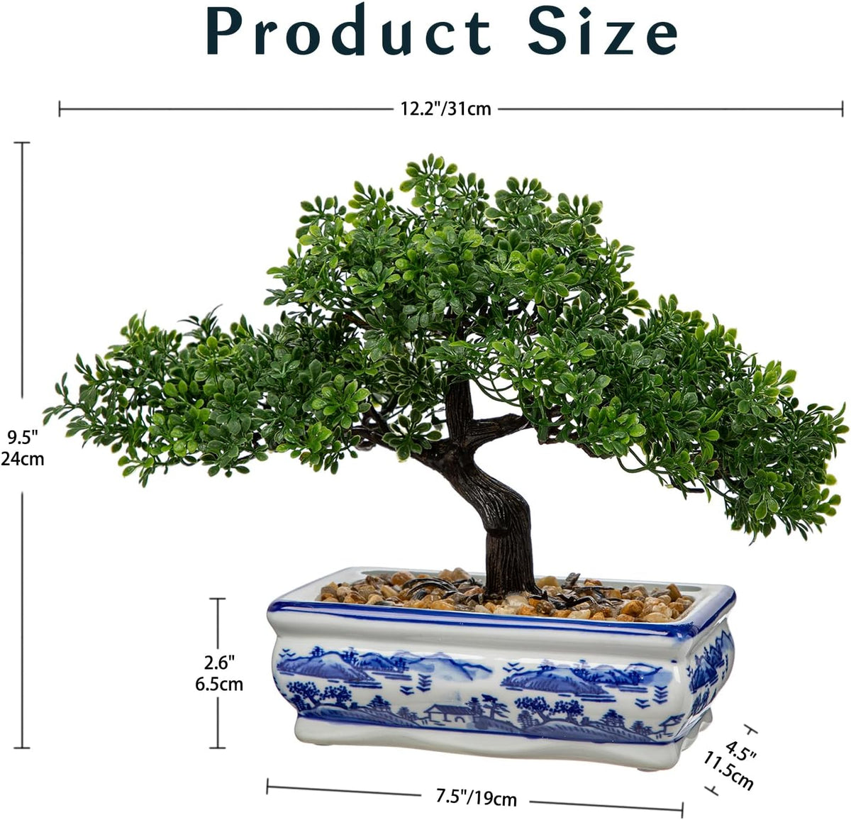 Artificial Bonsai Tree with Blue and White Porcelain Pot, Fake Pine Bonsai for Home Office Desk Decor, Oriental Zen Tabletop Decoration, Faux Bonsai Plant for Living Room, Shelf & Gift