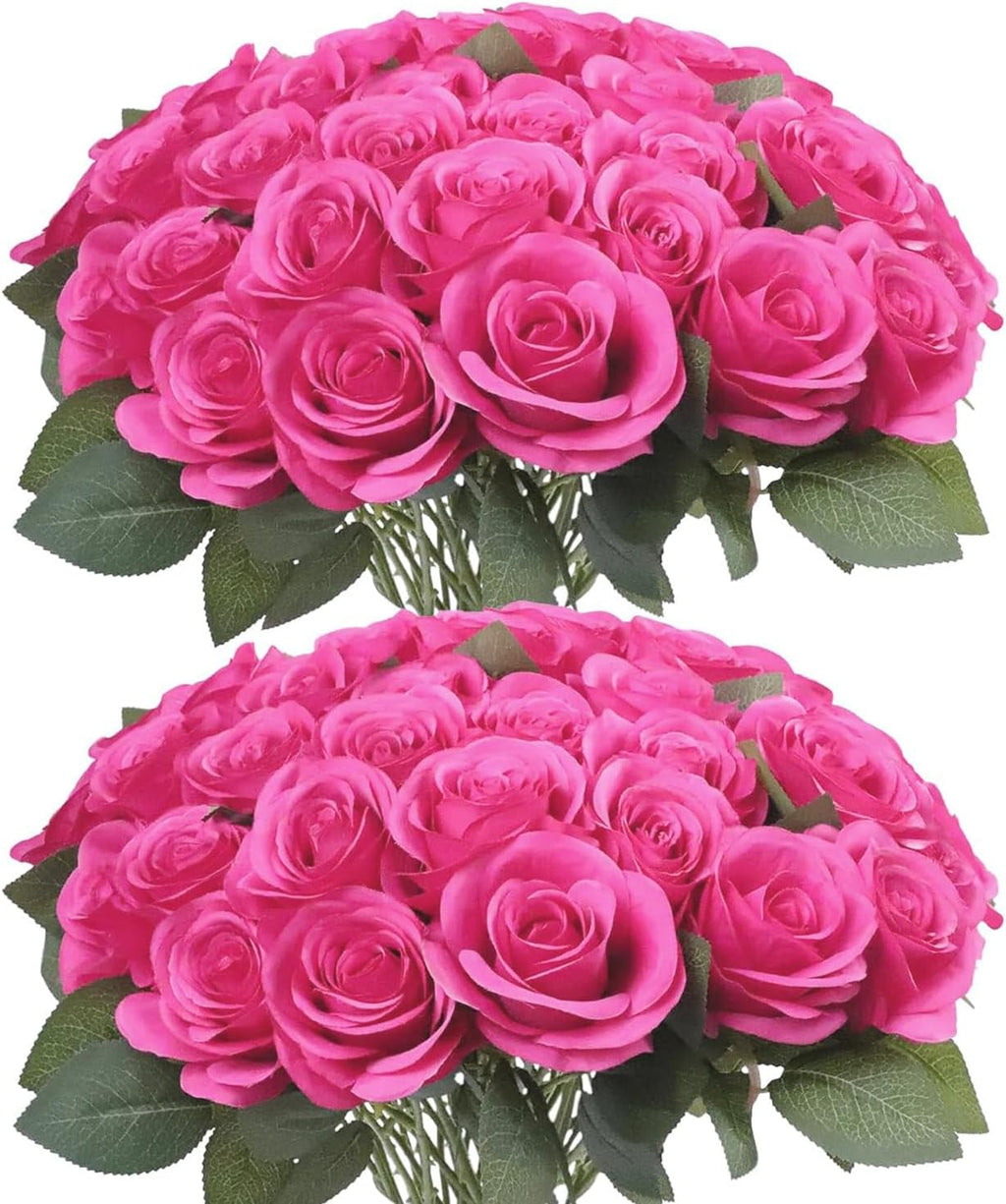 52pcs Hot Pink Roses Artificial Flowers Fake Flowers Silk Roses with Stems for DIY Wedding Bouquets Bridal Shower Table Centerpieces Arrangements Party Home Decorations