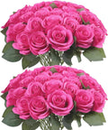 52pcs Hot Pink Roses Artificial Flowers Fake Flowers Silk Roses with Stems for DIY Wedding Bouquets Bridal Shower Table Centerpieces Arrangements Party Home Decorations