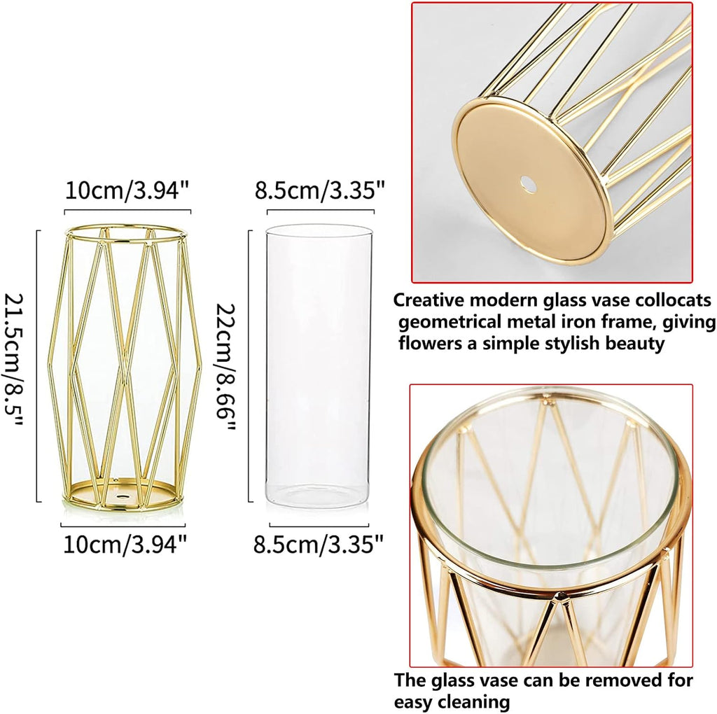 Gold Modern Flower Vases for Centerpieces – Hewory 8.5inch Glass Vase with Metal Stand Set of 2, Wide Big Tall Geometric Vases for Flowers, Flower Holders for Wedding Home Decor (Small,2pcs)