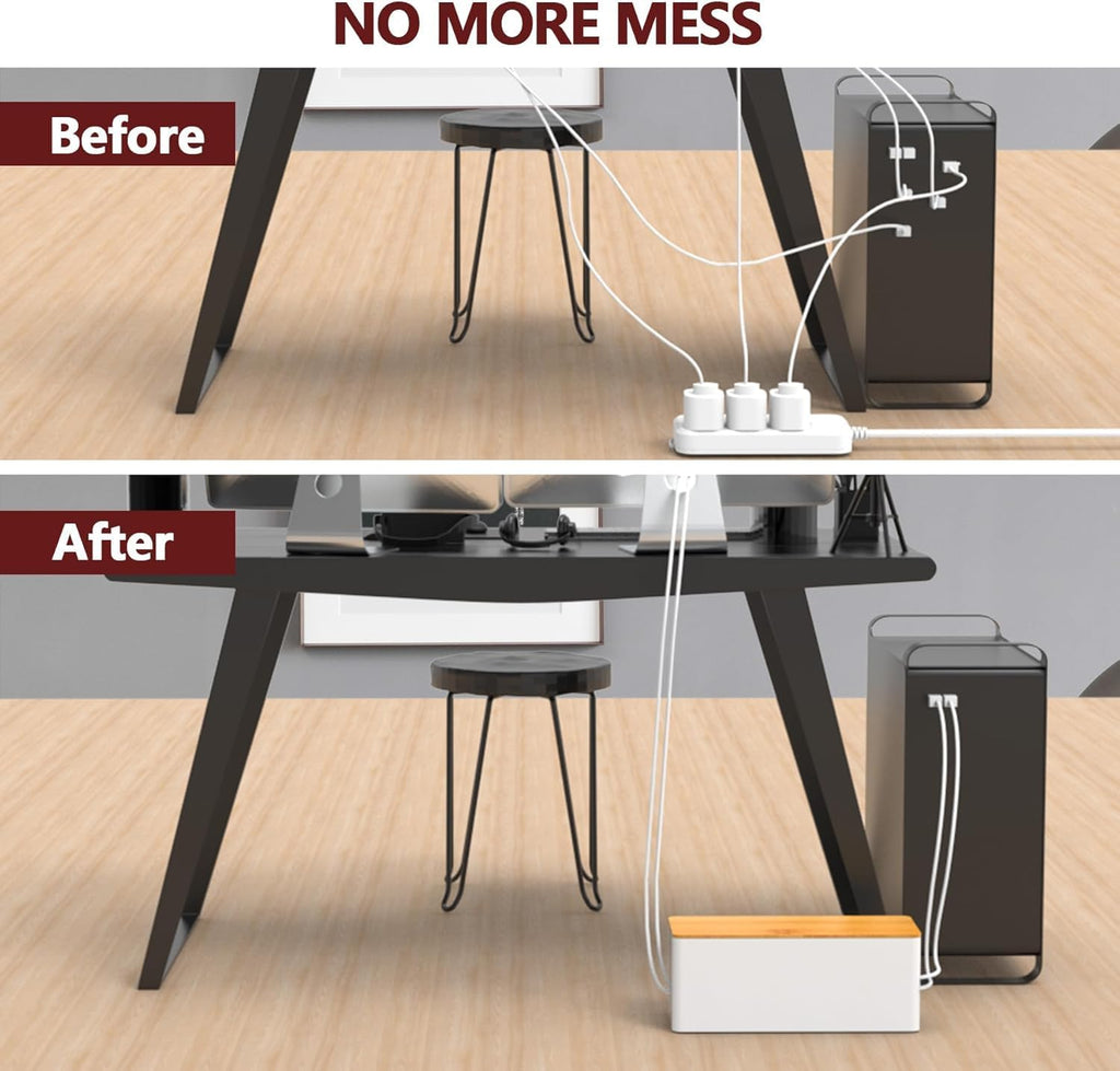 2-Pack Cord Organizer Box with Lids, White Cable Management Box Set, No-Drill Charger & Computer Wire Organizers for Desk, TV, Router, Computer, and Outlets in The Office, Study, Kitchen Areas