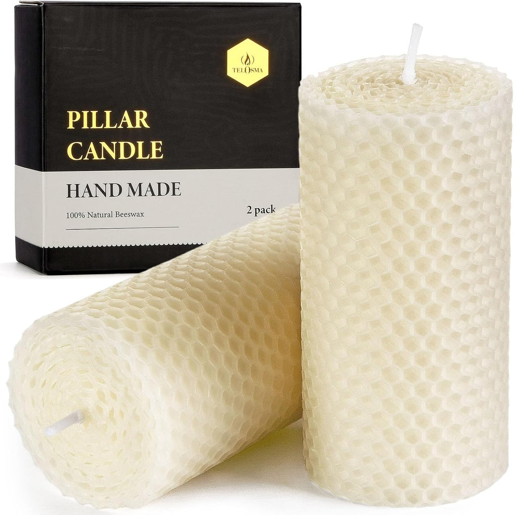 Hand Rolled Honeycomb Beeswax Pillar Candles, Ivory White, 2x4 Inch, 2 Pack