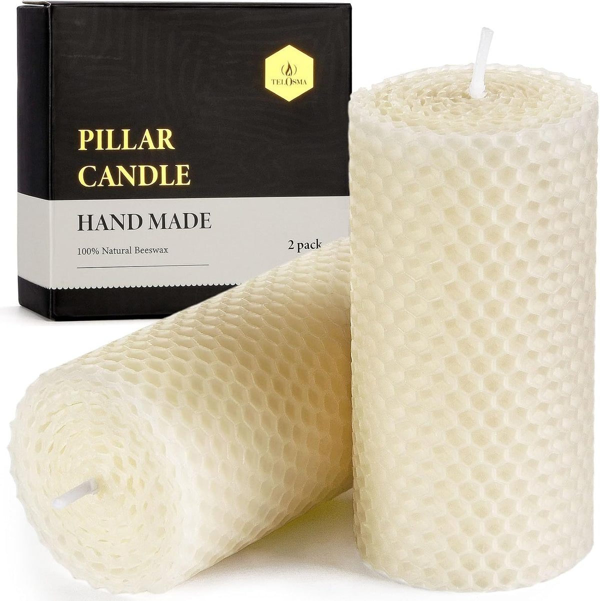 Hand Rolled Honeycomb Beeswax Pillar Candles, Ivory White, 2x4 Inch, 2 Pack