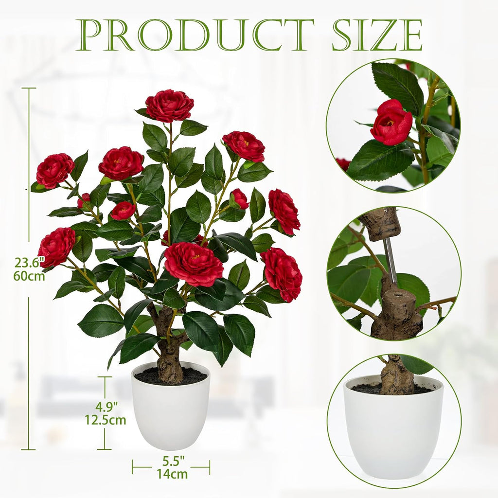 Hollyone Red Artificial Camellia Tree 23.6" Flower Plants Artificial Tree Small Faux Camellia Plant in Pot Greenery Potted Plant for Indoor Outdoor Porch Front Door Office Home Decor