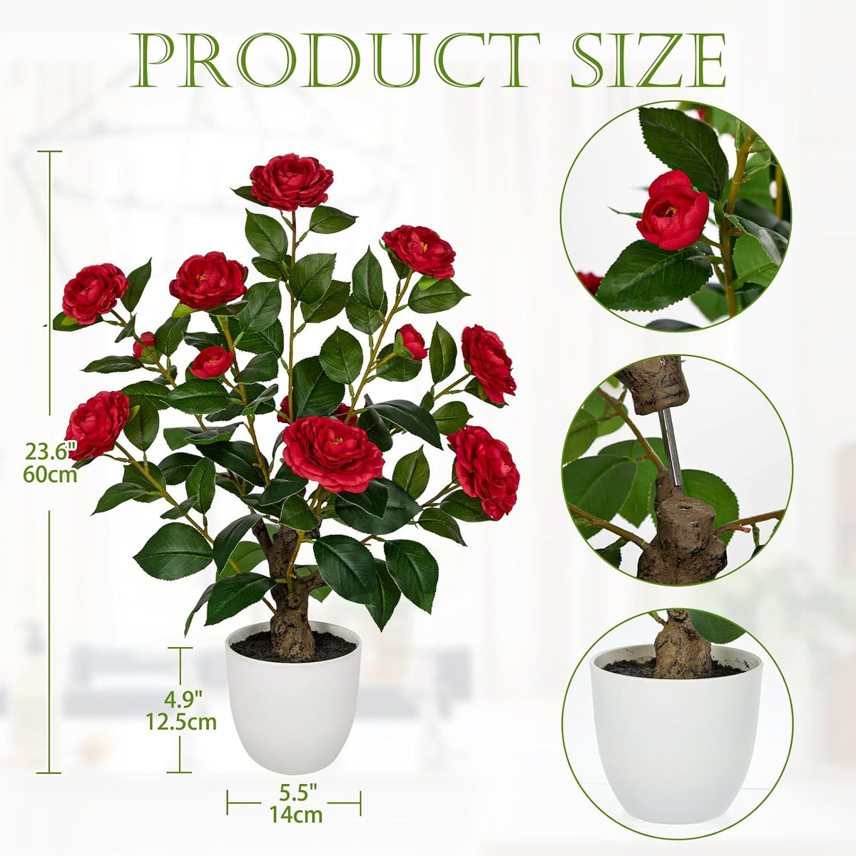 Hollyone Red Artificial Camellia Tree 23.6" Flower Plants Artificial Tree Small Faux Camellia Plant in Pot Greenery Potted Plant for Indoor Outdoor Porch Front Door Office Home Decor