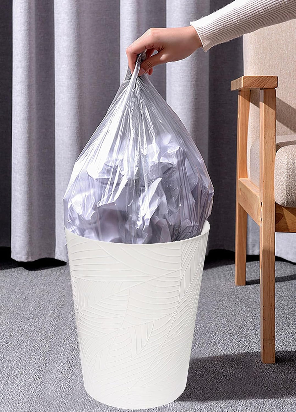 1.8 Gallons Small Trash Can, Decorative Wastebasket, Modern Leaf Pattern Design, Polypropylene Trash Can for Bathroom, Bedroom, Office (1, White)