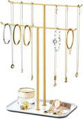 pickpiff Necklace Holder Jewelry Organizer Stand – 2‑Tier T‑Bar Jewelry Display Tree with Tray for Countertop Necklace Bracelet Earring Storage, Vanity Dresser Bathroom Sink, Gold