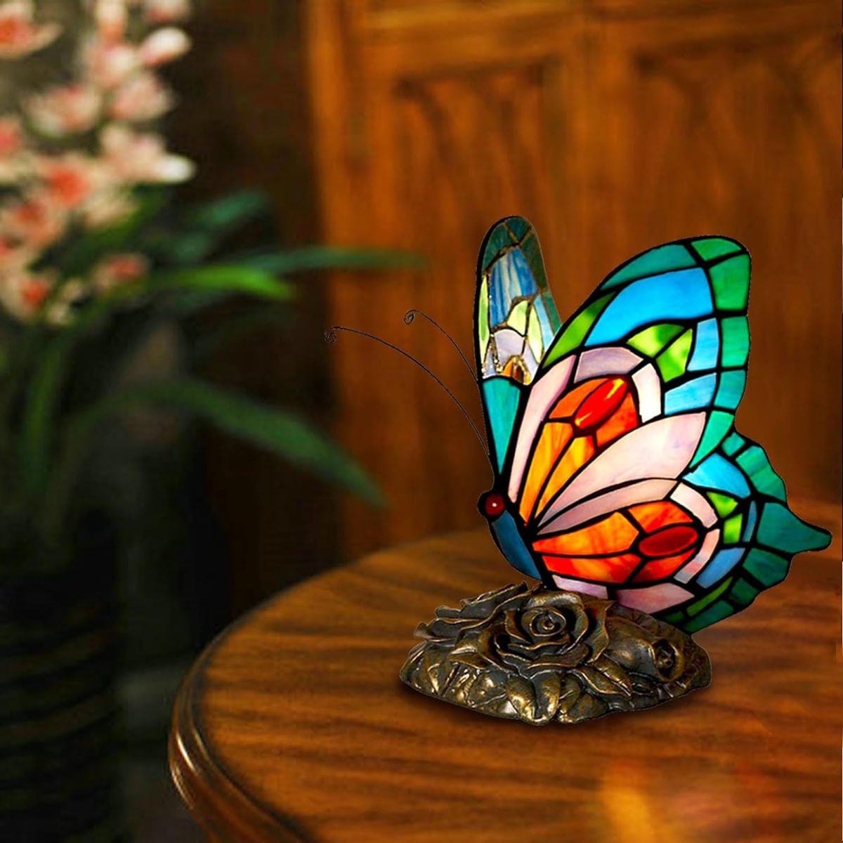 Bedside Table Lamp LED Tiffany Blue Fairy Butterfly Nightstand Table Lamps Stained Glass Shade ON Off Switch Home Office Desk Lamp Night Light Girl Grandma Mothers Day Gifts W/Gift Box