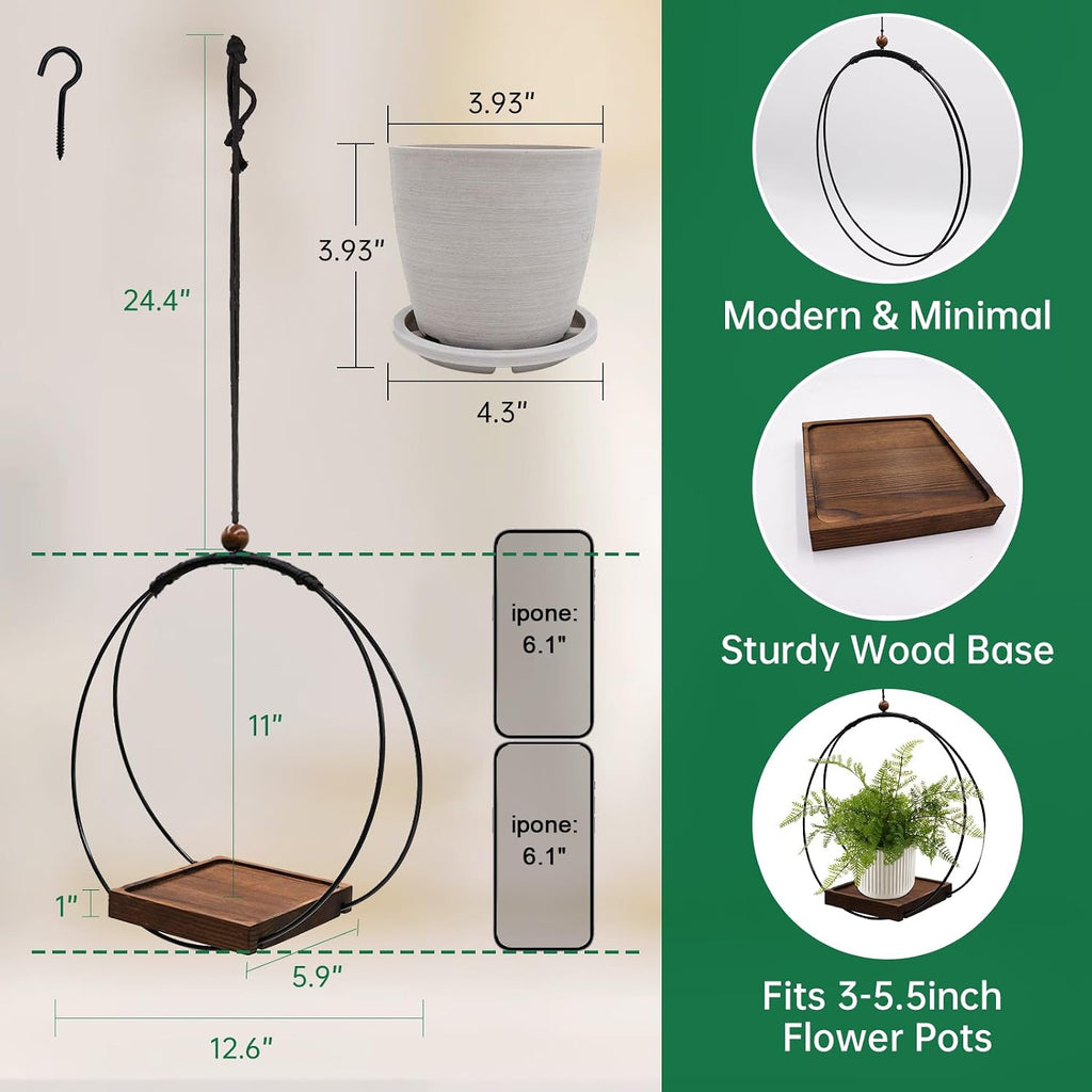 hismocal Hanging Planter for Indoor Plants,Plant Hanger with Sturdy Wood Base & Pot, Modern Boho Macrame Plant Hanger,Wall Ceiling Window Stands(2 Pack+Pots)