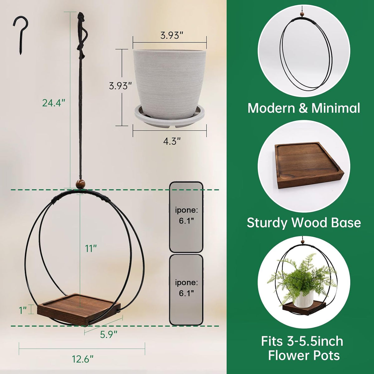 hismocal Hanging Planter for Indoor Plants,Plant Hanger with Sturdy Wood Base & Pot, Modern Boho Macrame Plant Hanger,Wall Ceiling Window Stands(2 Pack+Pots)