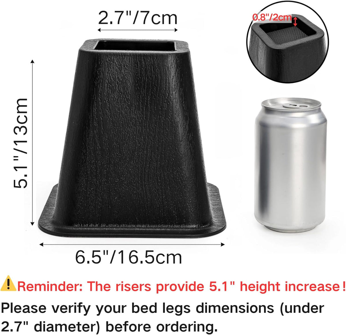 6 Pack Large Bed Furniture Risers, 6 inch Heavy Duty Couch Lift Risers for Sofa, Chair, Cabinet, Desk, High, Durable ABS Plastic, Premium Quality, Supports up to 2200 lbs, Black
