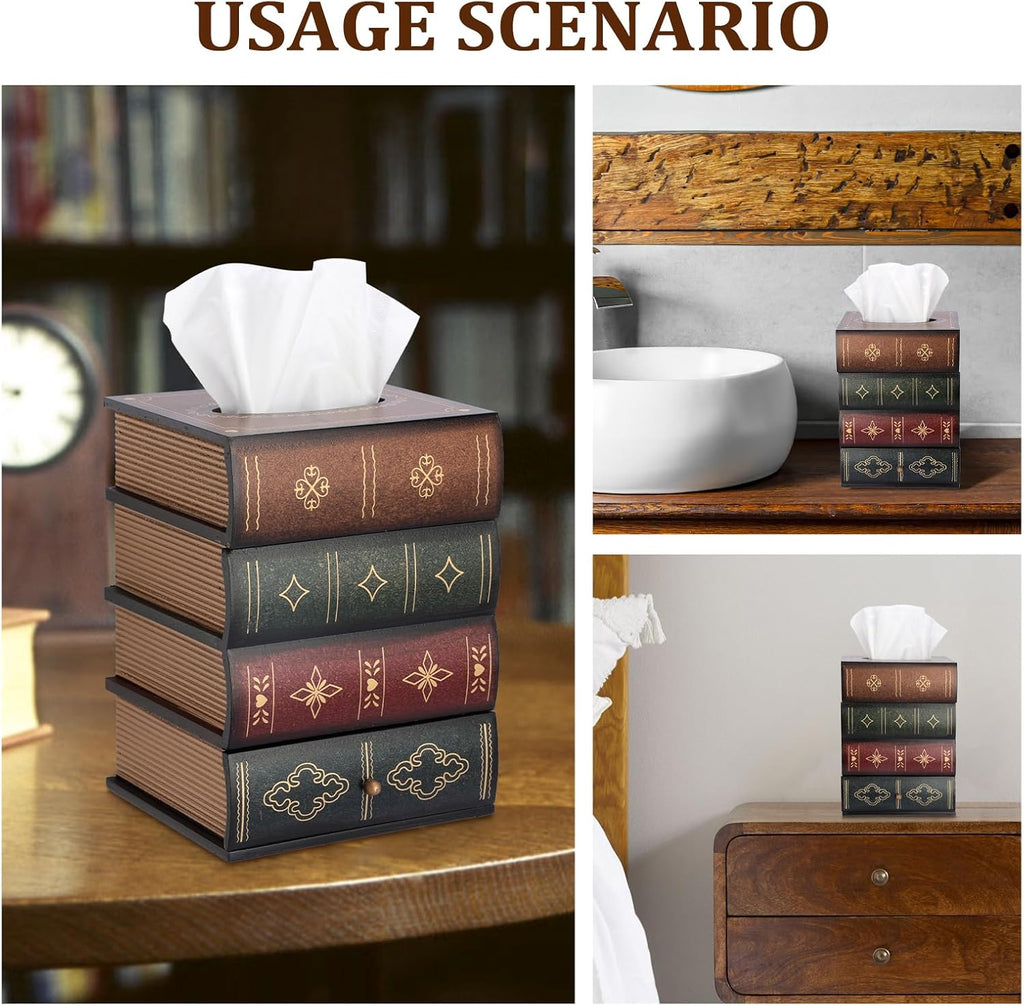 Antique Wooden Book Tissue Box Cover with Storage Drawer, Brown Top