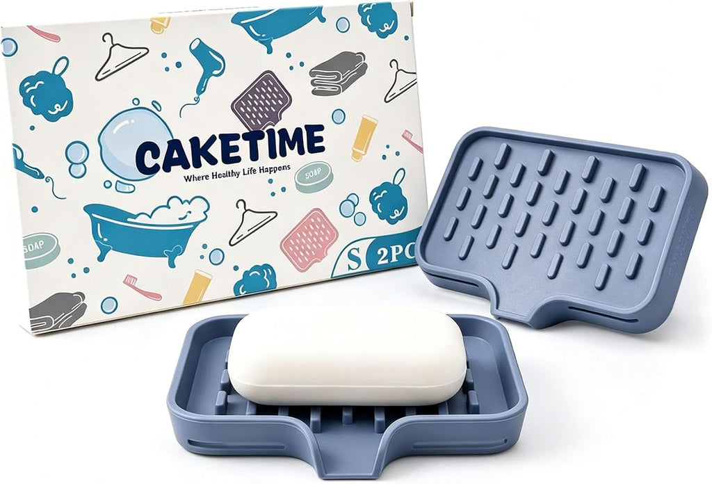 CAKETIME 2 Pack Silicone Soap Dish with Drainage Holes for Bathroom Shower Caddy Kitchen Counter Sponge Holder Bar Sink Organizer Tray Container Drying Accessories Small Case Saver Box Stuff Blue
