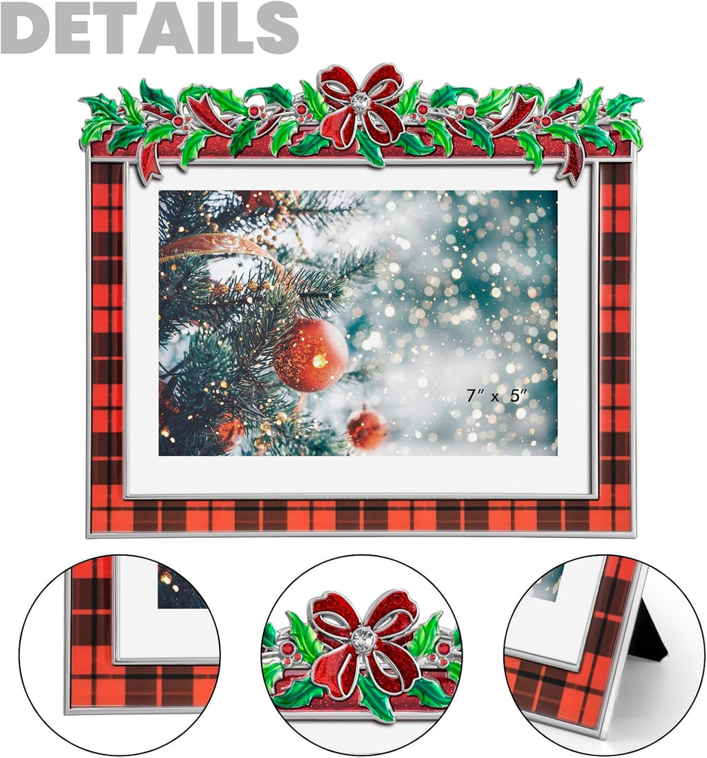 Christmas 5x7 Picture Frame Christmas Metal Display Photo Frames with Rhinestone High Definition Glass Front Gift Ideas Tabletop Home Decorative (Red Grid)