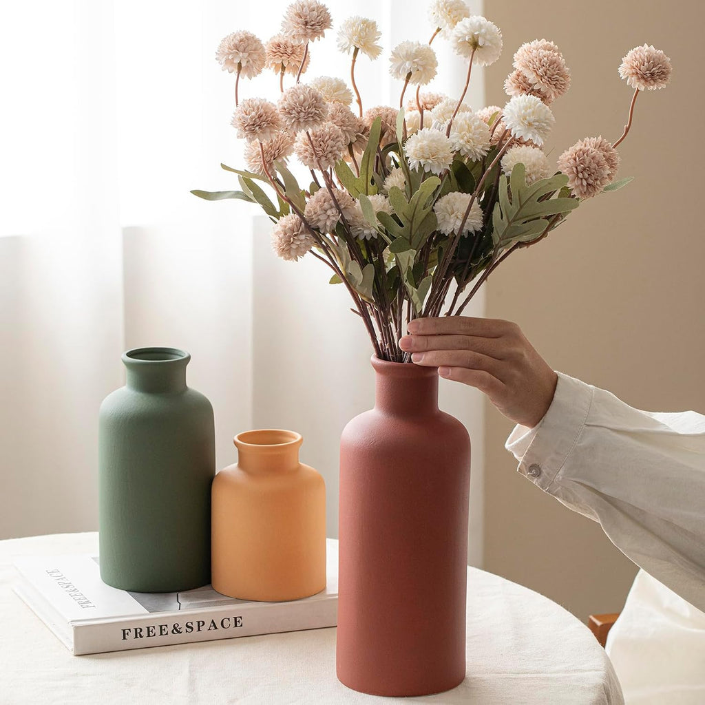 Large Modern Ceramic Vase Set of 3, Neutral Colors, Decorative Bottles for Home, Farmhouse Rustic Decor (XL Green Mix)