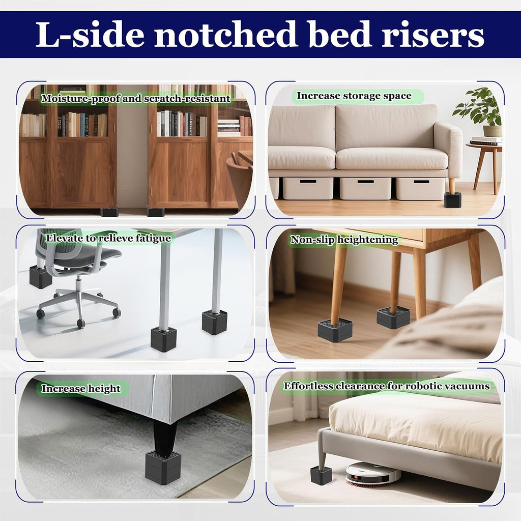 Bed Risers Heavy Duty, Adjustable Furniture Riser Blocks Lift 1.5, 3, 4.3 inches for Couch Table Desk Sofa Chair Legs, Refrigerator, Washing Machine - Support up to 4000 lbs (Black 6 Pack, 1.5 inch)