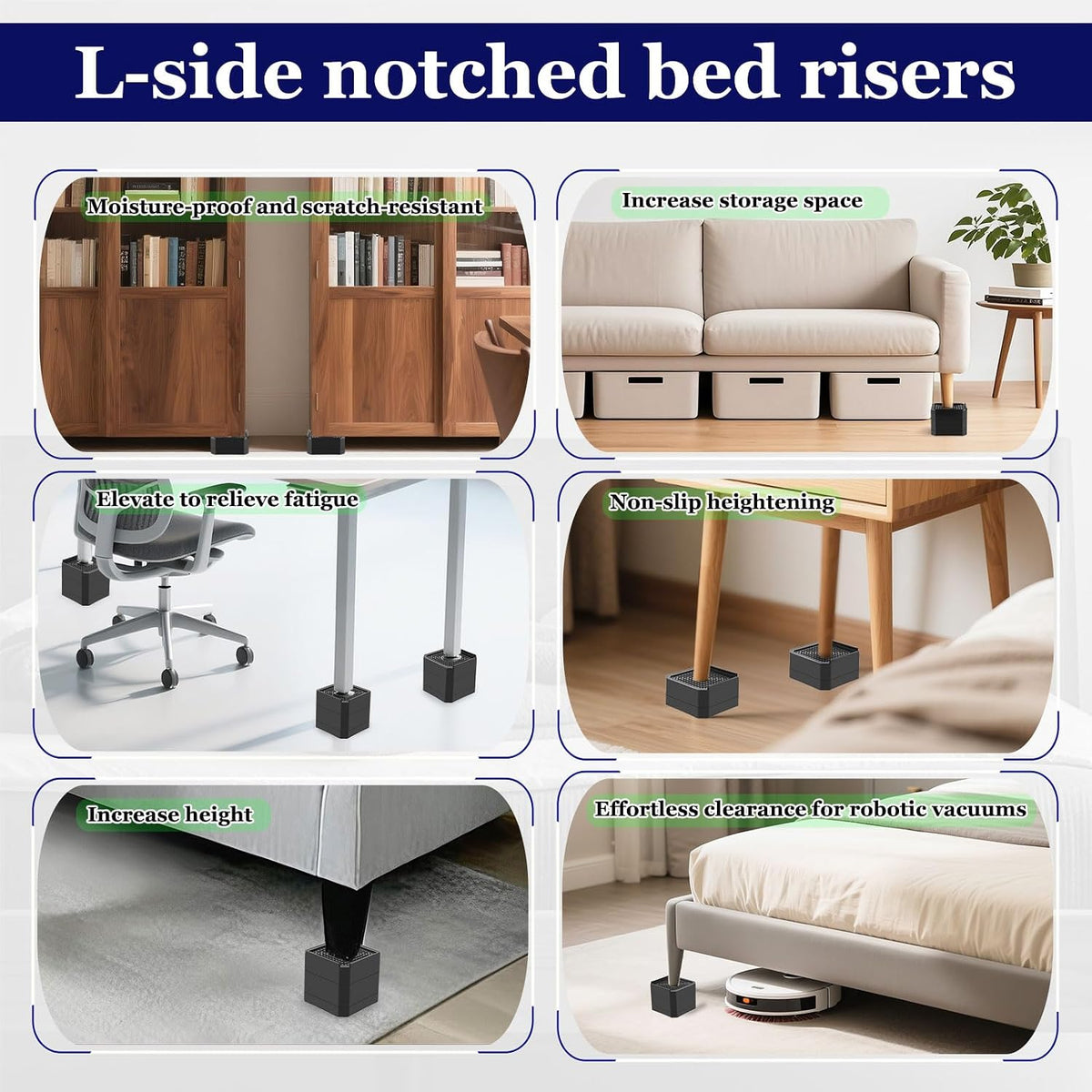 Bed Risers Heavy Duty, Adjustable Furniture Riser Blocks Lift 1.5, 3, 4.3 inches for Couch Table Desk Sofa Chair Legs, Refrigerator, Washing Machine - Support up to 4000 lbs (Black 6 Pack, 1.5 inch)